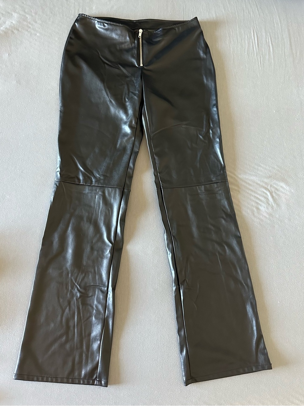 H&M Divided Black Faux Leather Mid Rise Flared Pants w/Zip Closure